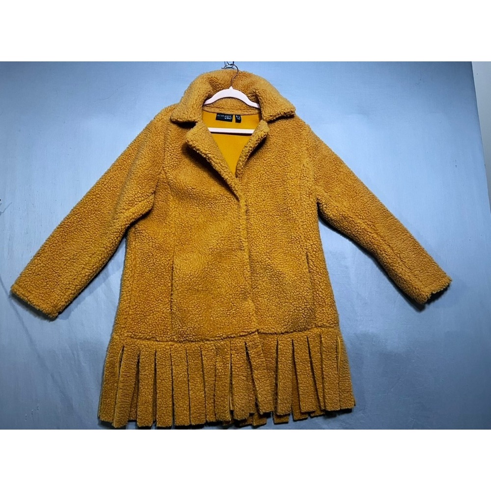 Attitudes by Renee Mustard Yellow Sherpa Fleece Fringe Hem Coat Large